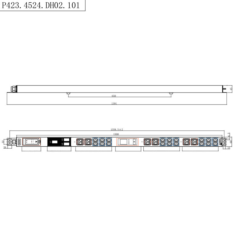 24 zásuvek 3fázové IEC C13 & C19 Uzamykatelné zásuvky 1,5U Kapalný magnetický jistič Vertikální Rack PDU vyměnitelný za provozu RS485